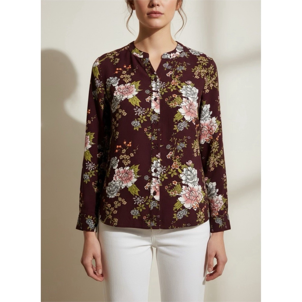D&Co. Women's Long Sleeve Burgundy Floral Collared Button-Up Blouse